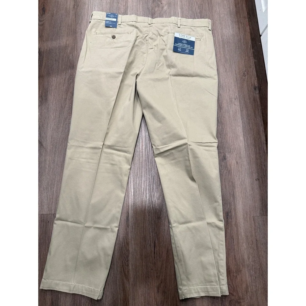 St Johns Bay Mens‎ Stretch Chino Pants 42x32 Khaki Tan Straight Fit Flat Front